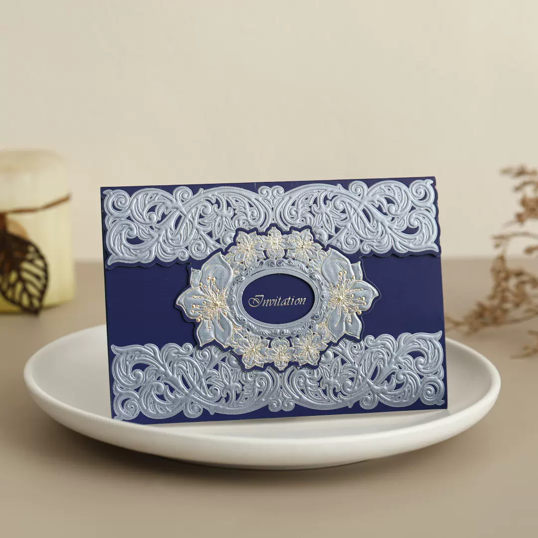 厂家直销高中档外贸婚礼请柬蓝色侵染烫金压痕印刷高级版请柬批发