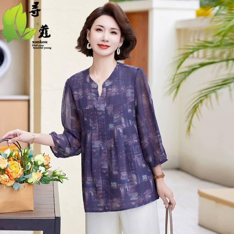 Новые средние и старые весенние и летние новые рубашки модные иностранные мамы большие размеры женский принт шифоновый топ женский с круглым вырезом