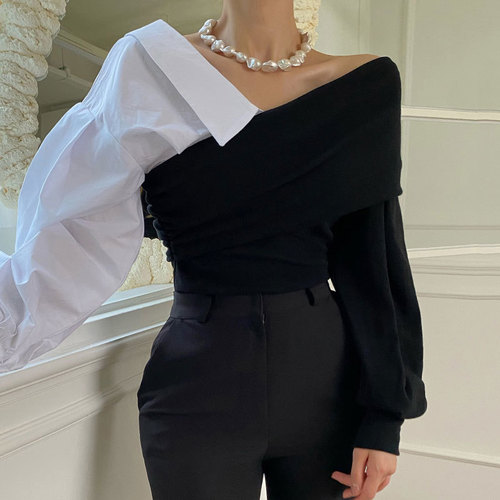 Dongdaemun early autumn one-collar shirt for women's design stitching shirt retro strapless long-sleeved top