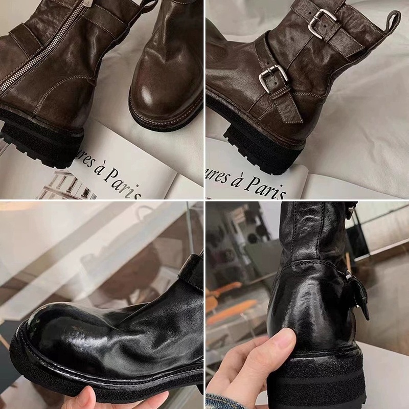 现货牛皮葡萄妈真皮复古短靴女百搭显瘦机车靴子粗跟皮带扣马丁靴|undefined
