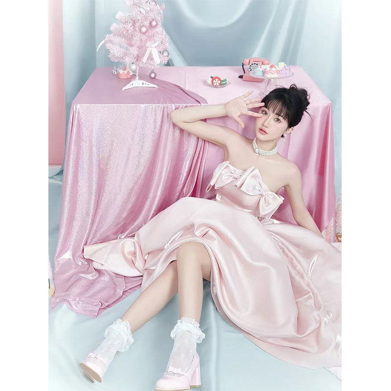 Đầm dạ hội maxi satin thắt eo kiểu Pháp — Màu hồng chi tiết 20
