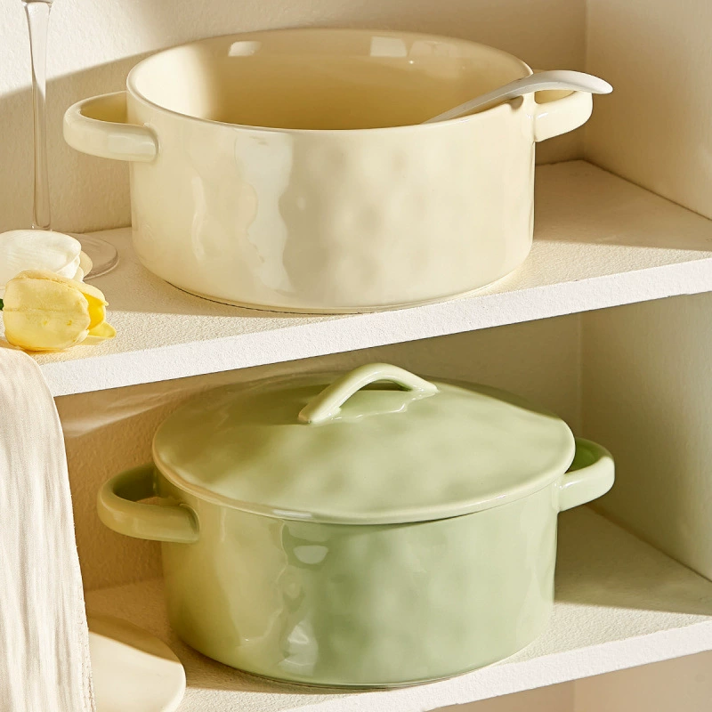 Большая суповая миска с двумя ушками в кремовом стиле для домашнего использования, новинка 2024 года, керамическая миска для супа, большая миска для лапши быстрого приготовления с крышкой
