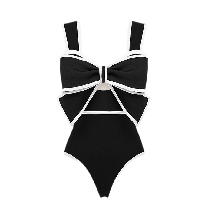 retro brand solid swimwear with bow