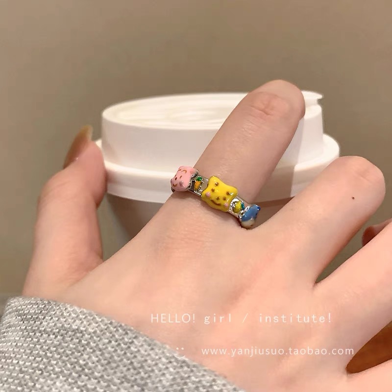 Divertido pequeño monstruo anillo grandes ojos salchicha boca dedo índice anillo dulce fresco dibujos animados lindo novias pareja anillo joyería