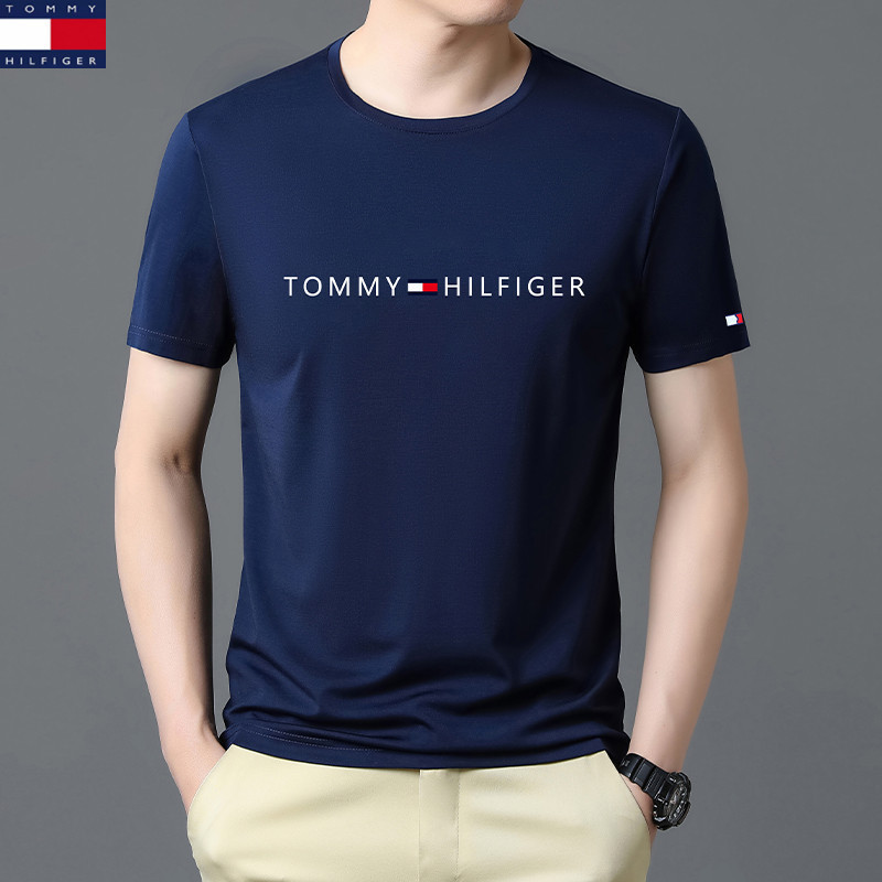 2026 Summer Tommx Hilfiger Tommy Short-Sleeved T-Shirt Men's Round-Neck Cotton T-Shirt for Middle-Aged High-End Men