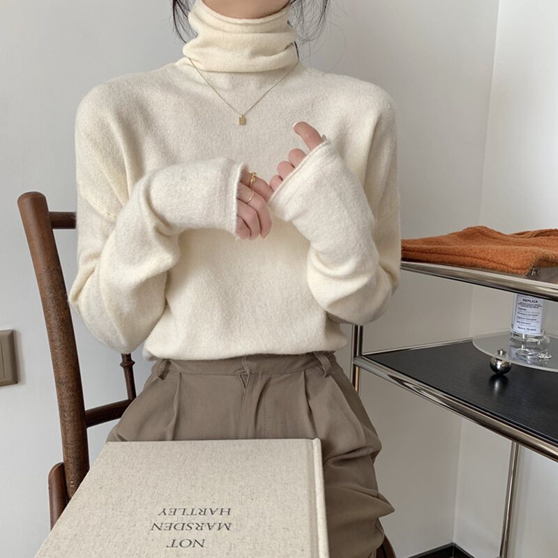 Real Shot Korean Style Lazy Loose Pile Collar Rolled Edge Design Knitted Bottoming Shirt Bottoming Sweater for Women Autumn and Winter