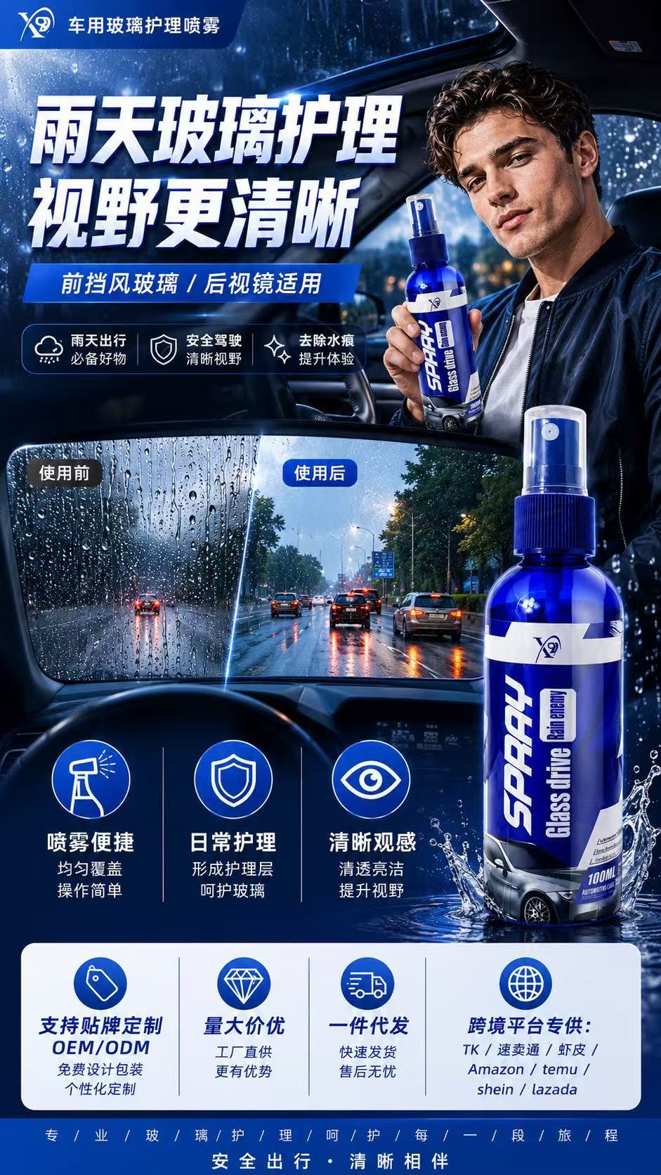 Cross-Border Amazon Shopee Car Anti-Fog and Rain-Proof Agent, Rearview Mirror and Front Windshield Coating Anti-Fog Agent, Water Repellent Agent