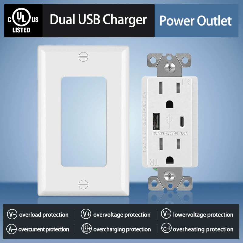 Горячая продажа американский стандарт USB Быстрая зарядка настенная розетка двойной USB QC3.0 PD3.0 Быстрая зарядка американская Сертификация UL
