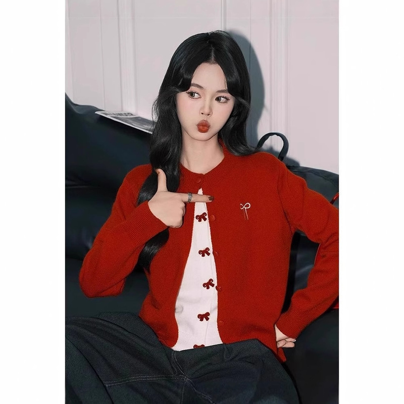 Atmosphere chic red sweater fake two-piece knitted cardigan women's loose chic embroidered top