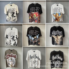 MIXED EMOTION レトロホットダイヤモンドプリントロゴ美しいトレンディなラウンドネックルーズカジュアル半袖Tシャツ男性と女性用