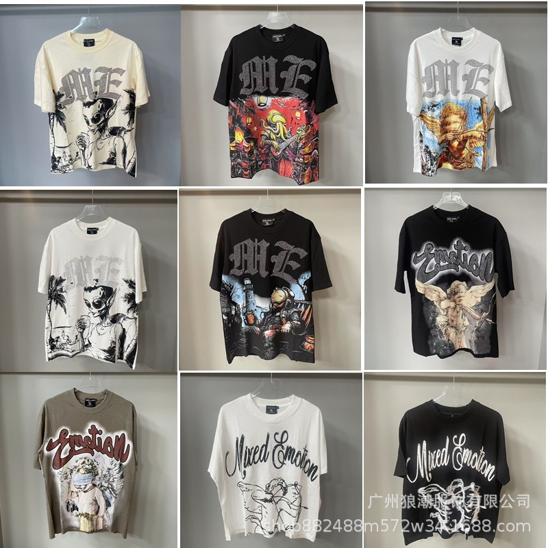 MIXED EMOTION レトロホットダイヤモンドプリントロゴ美しいトレンディなラウンドネックルーズカジュアル半袖Tシャツ男性と女性用|undefined