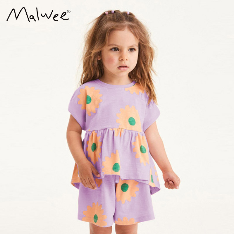 Malwee traje de niñas verano nuevos pantalones cortos de manga corta para niños europeos y americanos cuello redondo impreso traje de dos piezas para niños