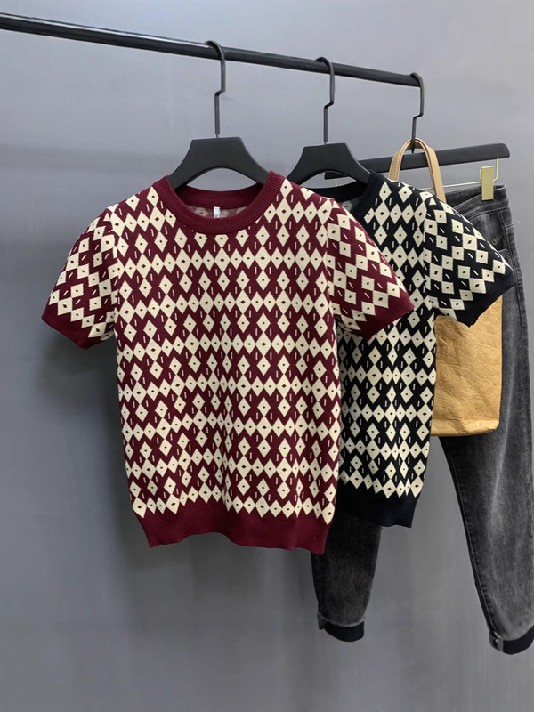 Autumn and Winter Men's Rhombus Slim Short-Sleeved Knitwear Jacquard Round Neck Contrasting Color Slim Fashion Half-Sleeved Bottoming Shirt Trendy