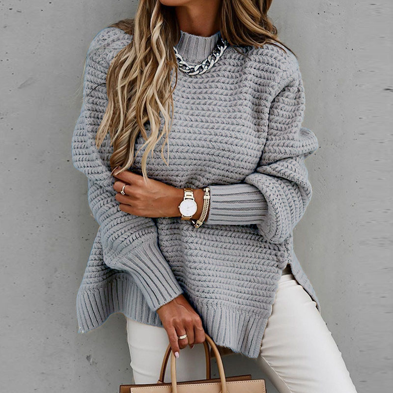 Suéter de punto grueso de manga larga con cuello medio alto, estilo casual, nuevo para Amazon 2025, con abertura lateral para mujer
