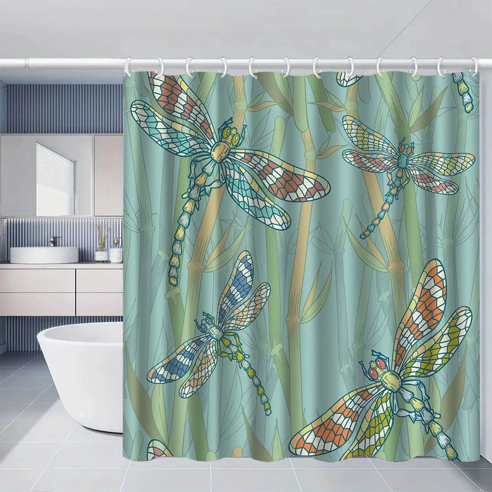 Cross-border direct supply dragonfly pattern polyester shower curtain bathroom bathroom waterproof, moisture-proof, mildew-proof isolation curtain