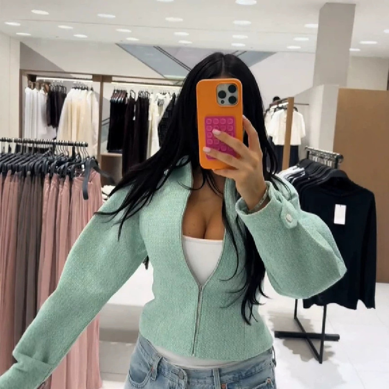Cross-border European and American style new waist-cinching puff sleeve lapel zipper short jacket for women, early autumn women's coat Cross-border European and American style new waist-cinching puff sleeve lapel zipper short jacket for women, early autumn women's coat