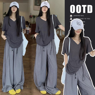 in stock Maternity Summer Korean Style Simple V-neck T-shirt suit Stripe Loose Casual Drawstring Wide-leg Pants Two-piece Set