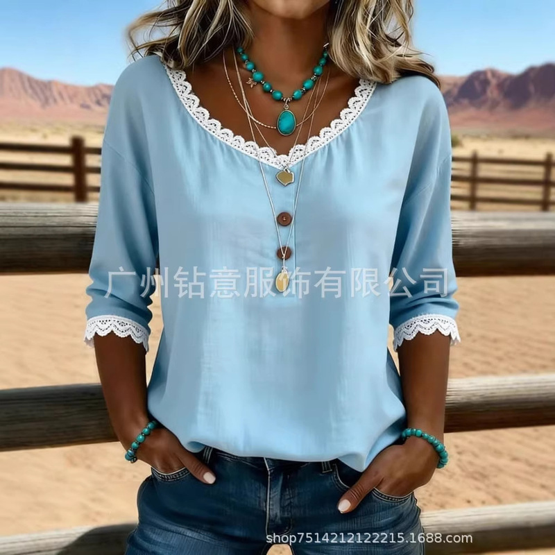 New Cross-Border Foreign Trade European and American Women's Fashion Hot-Selling Spring and Summer V-Neck Lace Front Button-Decorated T-Shirt Top for Women