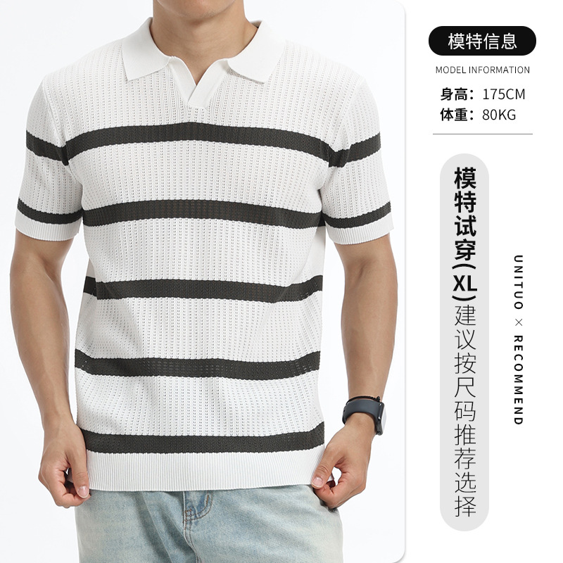 Verano hombre hueco rayas de cuello V jersey polo seda transpirable mangas cortas de negocios casuales superior