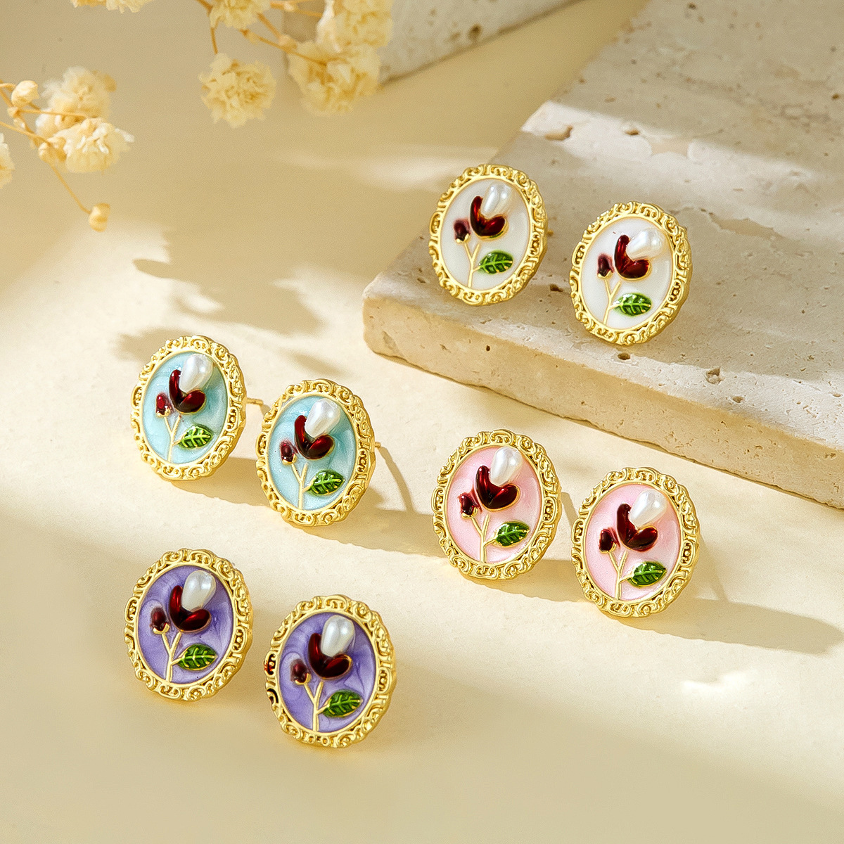 Pintura al óleo medieval estilo moda todo-fósforo pintura de perlas gotas de aceite pendientes de flores estilo dulce diseño de nicho pendientes mujeres