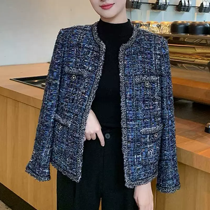 妖蓝轻奢高端小香风编织外套女2023秋冬新款气质名媛蓝色妖姬上衣