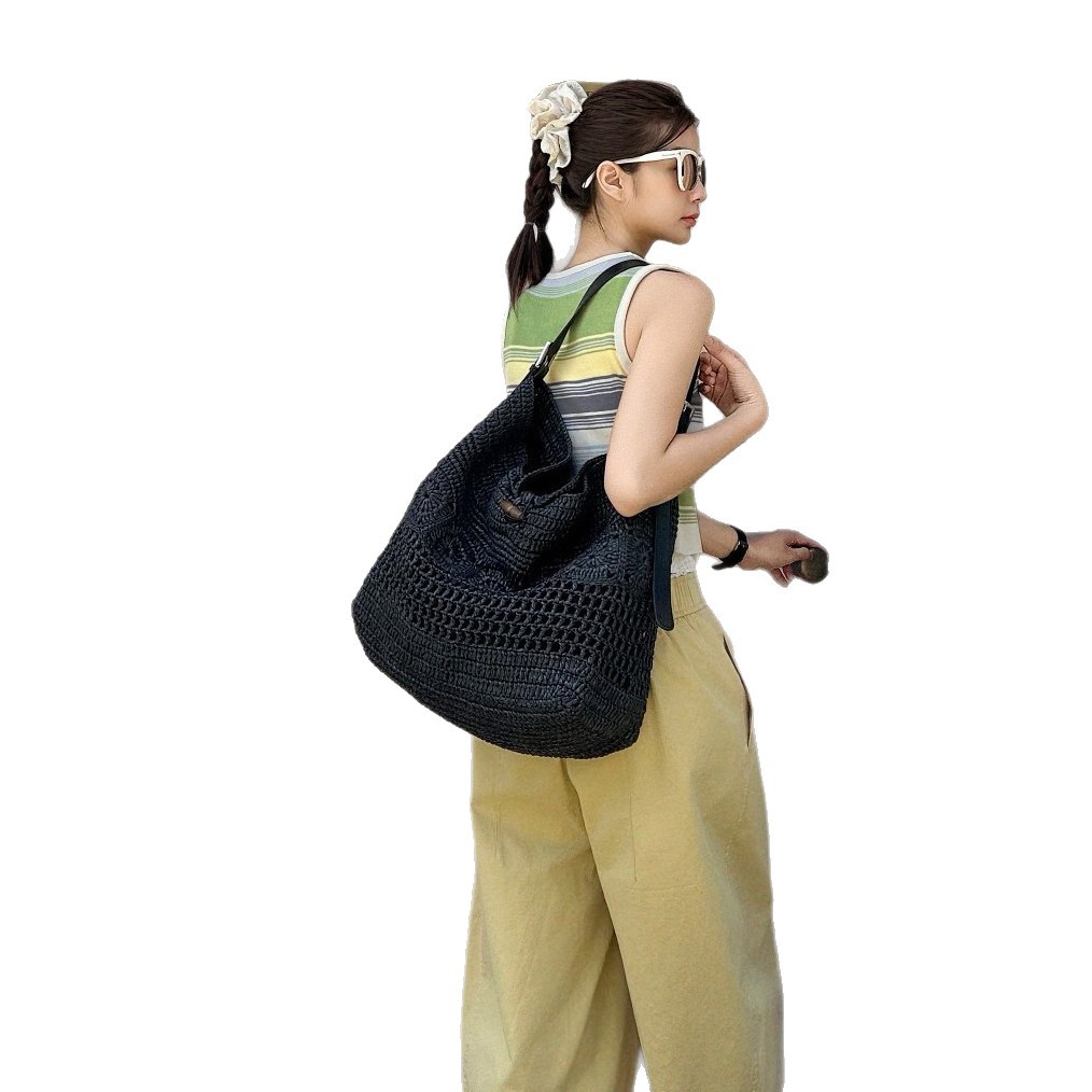 Raffia And Cowhide Leather Woven Tote Bag - Large Capacity Shoulder Bag For Women, Casual Vacation Beach Straw Bag - Thumbnail 5