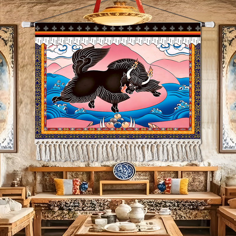 チベット吉祥チベット式布芸掛け絵四瑞長寿象掛け玄関仏堂通路背景装飾タペストリー|undefined