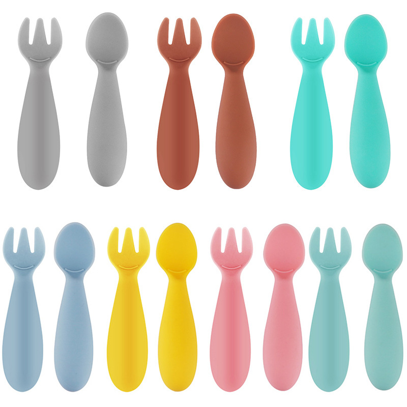 Food-Grade Baby Silicone Feeding Spoon Children's Feeding Tableware Fork and Spoon Set Eating Training Fork Drinking Spoon Anti-Fall