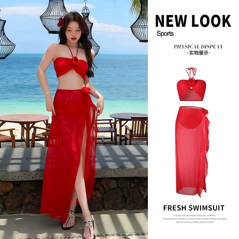 Большой красный купальник с шеей женский сексуальный разделенный бикини из трех частей юбка продвинутый оттенок