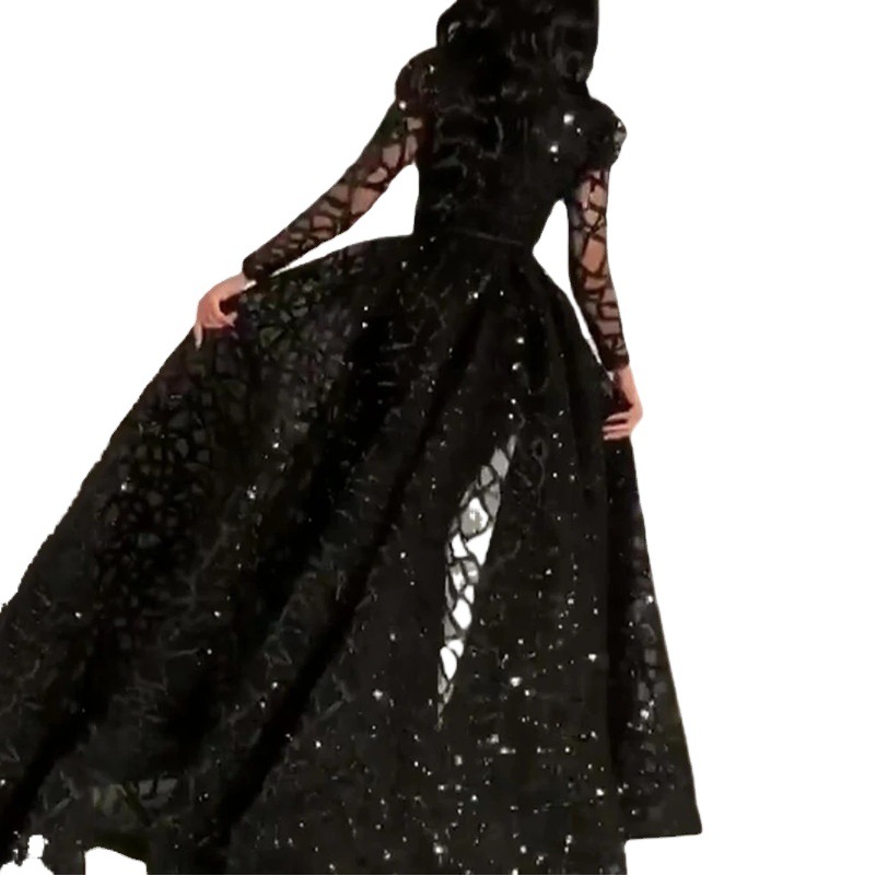 Vestido de Mujer Estilo Europeo y Americano 2025 para Comercio Exterior, Vestido Largo con Mangas Largas y Puntos Dorados para Amazon, Vestido, Traje