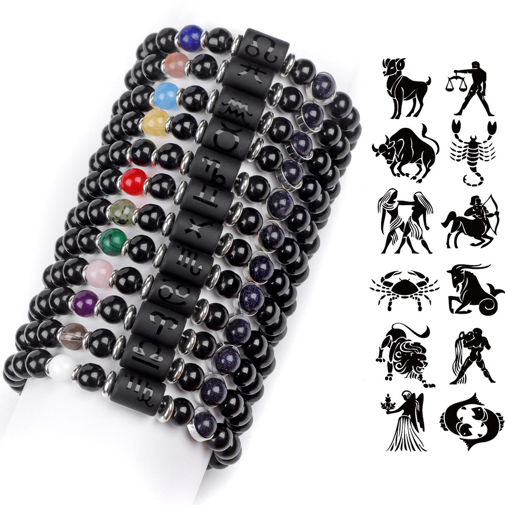 Twelve Constellations for Men's Couples Glass Bead Elastic Rope Bracelet_voghion.com