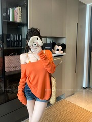 橙色斜肩长袖防晒针织衫女早秋薄款罩衫设计感露肩宽松慵懒风上衣