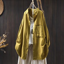 黄色棉纱长袖衬衫外套女中长款2025新款春宽松大码遮肉休闲上衣