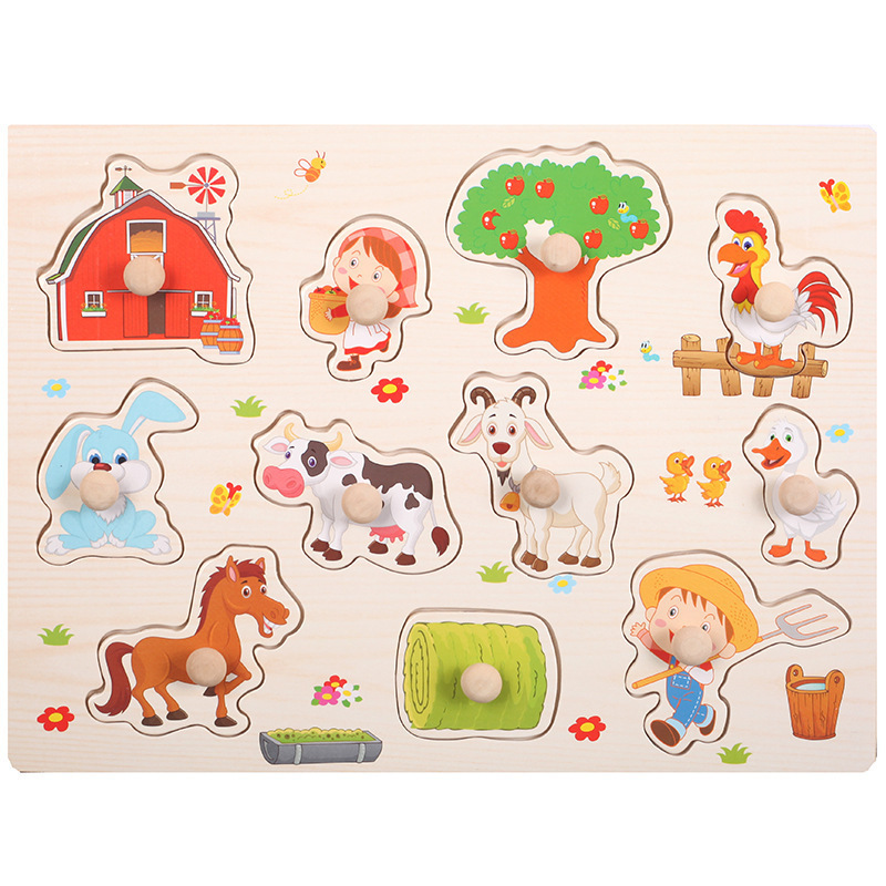 Educación temprana de los niños de dibujos animados animal cognitiva mano agarre tablero de madera forma Juego rompecabezas agarre formación iluminación juguete