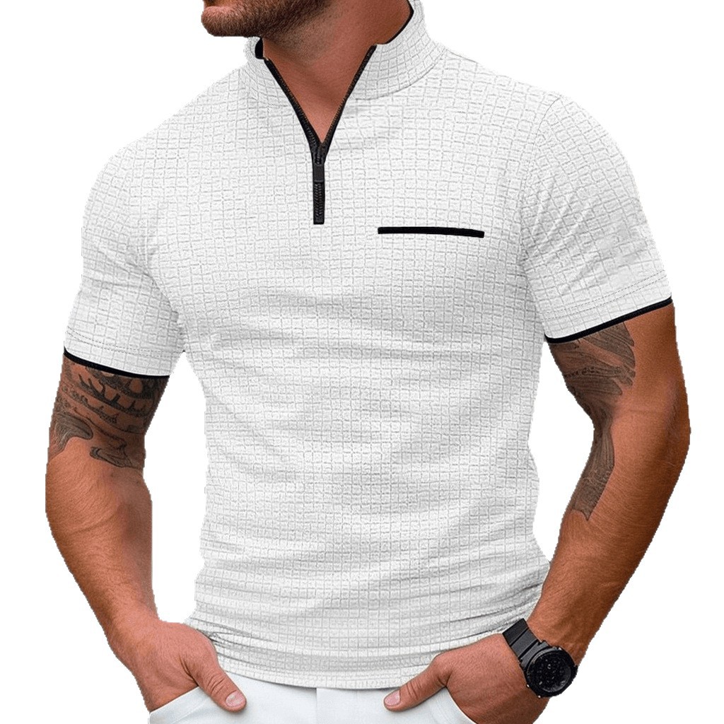 Polo monochrome pour homme - Collection printemps/été européenne/américaine, modèle phare à manches courtes, col montant et fermeture éclair._voghion.com