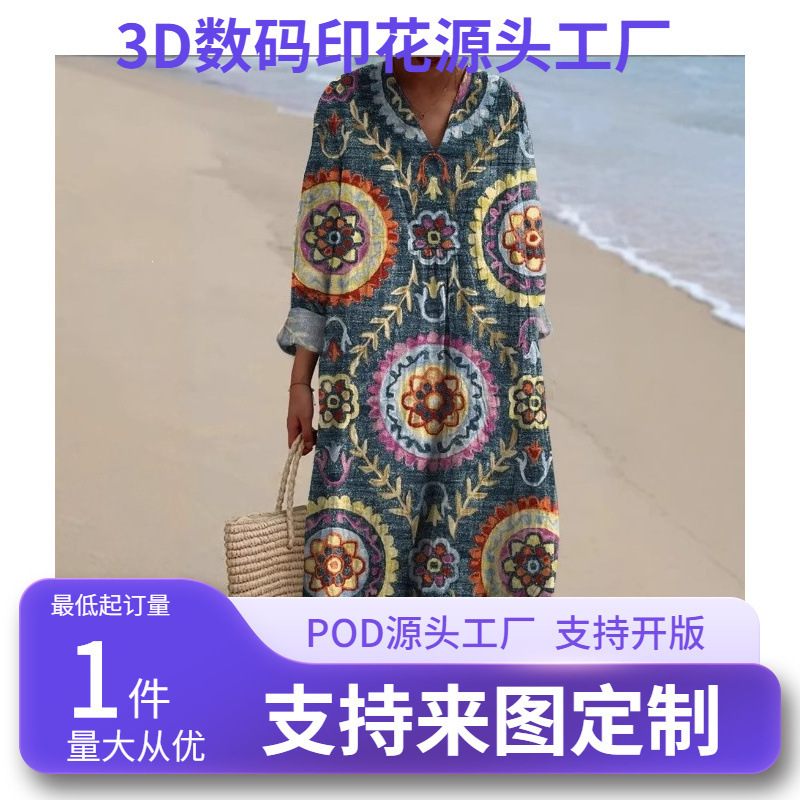 Cross-Border Independent Site Amazon Long-Sleeve Shirt Dress for Women Casual Floral Print Long-Sleeve Dress Source