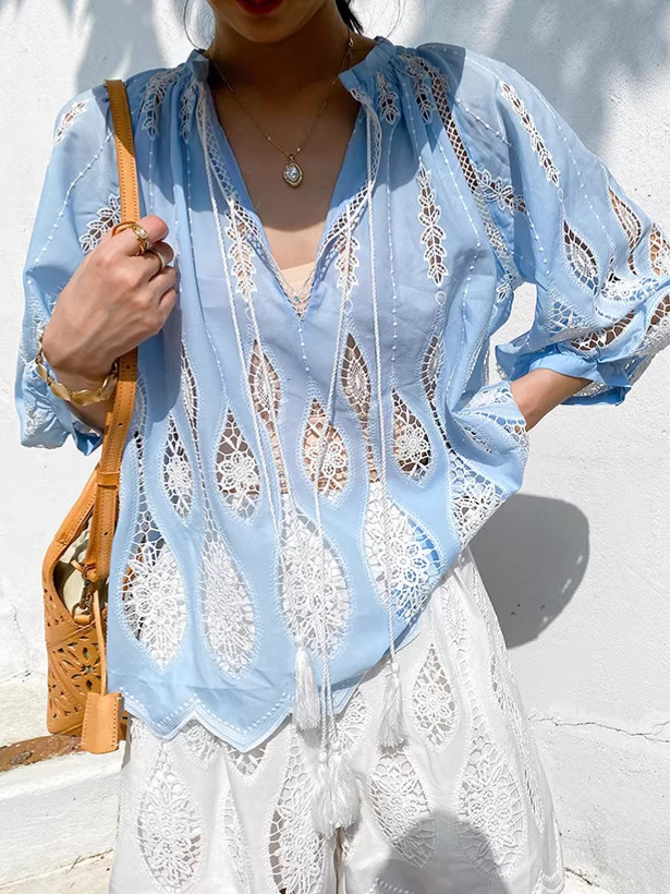 2026 Summer Women's Vacation Style French Embroidered Top Beach Vacation Blouse Shenzhen Nanyou Shirt Women's Summer Wear