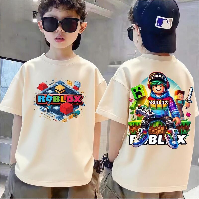 Minecraft Cute Cartoon Summer Boys' and Kidsren's Pure Cotton Short-Sleeved Round Neck Loose Roblox Printed Top Minecraft Cute Cartoon Summer Boys' and Kidsren's Pure Cotton Short-Sleeved Round Neck Loose Roblox Printed Top