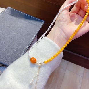 Natural Old Flower Wax Beeswax Pearl Clavicle Chain Necklace Natural Old Beeswax Natural Pearl 12mm Old Wax Jujube Beads