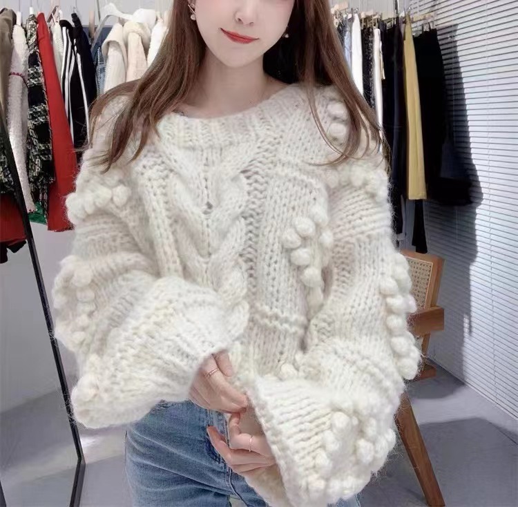 秋冬新款爱心球球重手工宽松慵懒风羊毛马海毛套头毛衣女