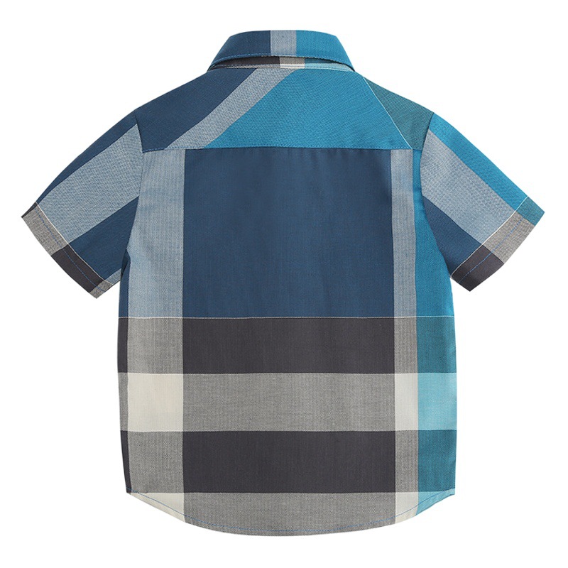 [Suministro durante todo el año] Comercio exterior, nueva camisa a cuadros para niños, primavera-verano 2024, con cuello vuelto, estilo británico, camisa infantil de algodón puro
