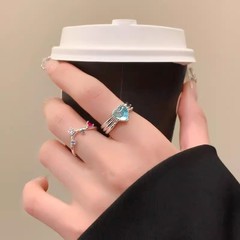 新款復古簡約彩色愛心戒指小眾設計精緻開口戒個性食指戒百搭指環