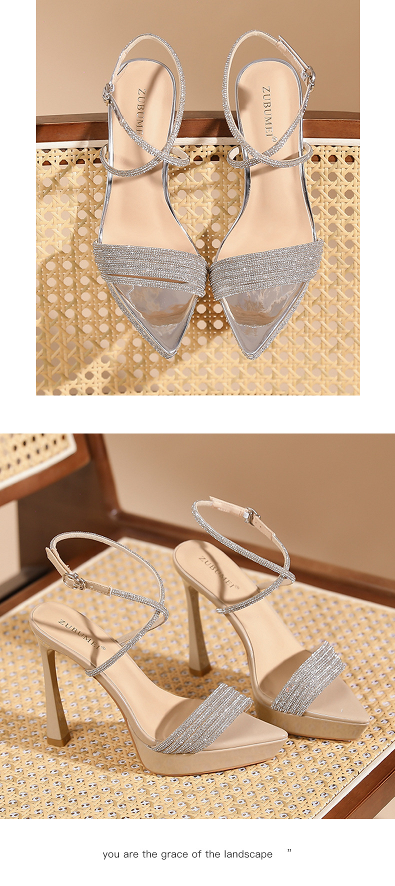 Sandal cao gót nữ mũi nhọn đế platform gót 12 cm quai chéo đính đá — Màu da-12cm chi tiết 8