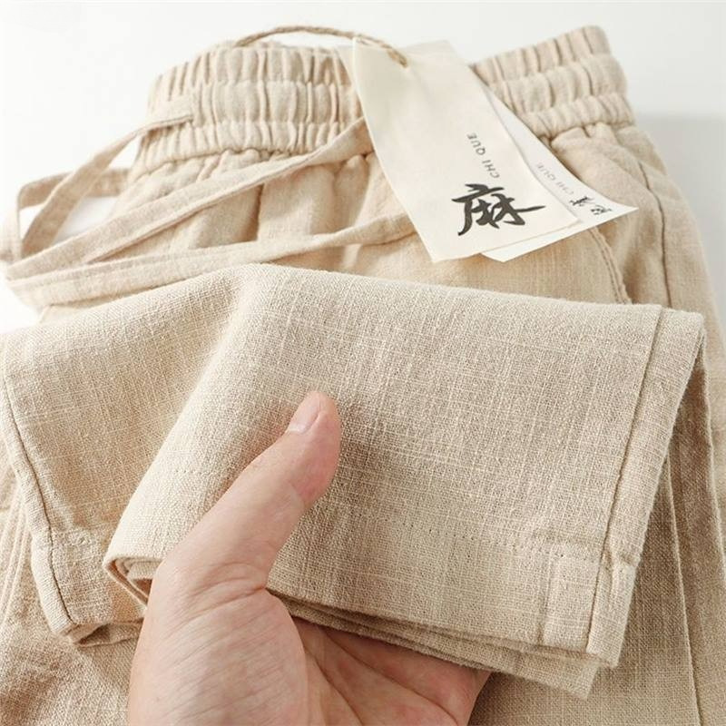 Natural linen! Straight-leg casual cotton-linen trousers for commuting, breathable linen, elastic pockets, relaxed beach style.
