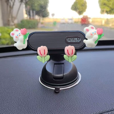 Car phone holder – Mobile phone holder for car, suction - black-textured-tulip-holding-flower-bunny-car-glass-dashboard-dual-use
