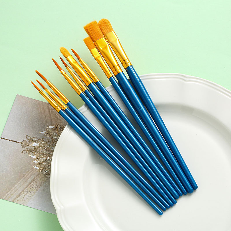 跨境珠光塑料杆数字油画笔套装尼龙毛油画笔刷子水彩水粉画笔套装