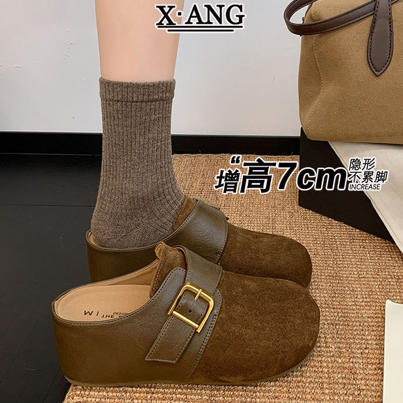 牛皮版内增高厚底小个子勃肯鞋包头半拖鞋一脚蹬无后跟懒人单鞋女
