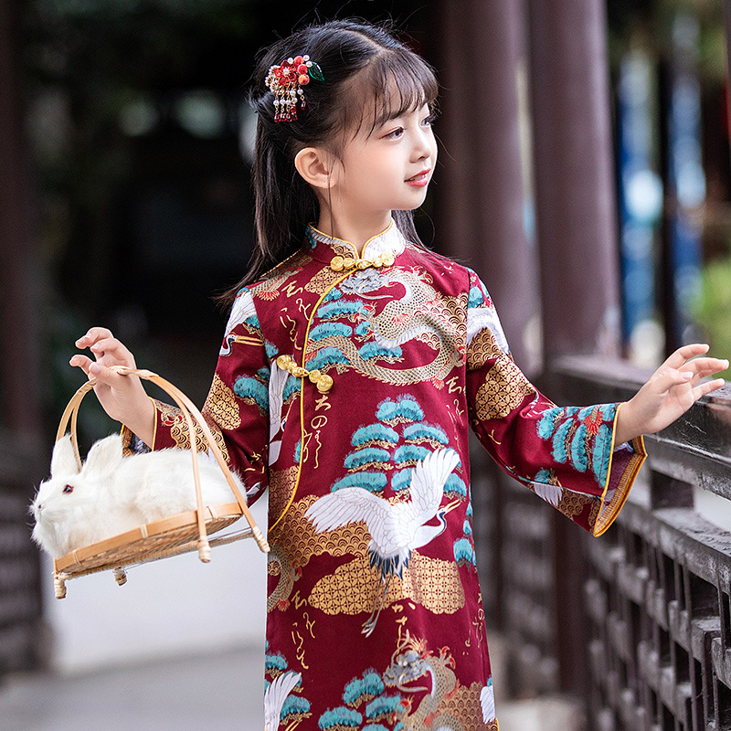 Girls' cheongsam autumn new children's Chinese style hot stamping buckle retro Hanfu dress baby one-year-old dress