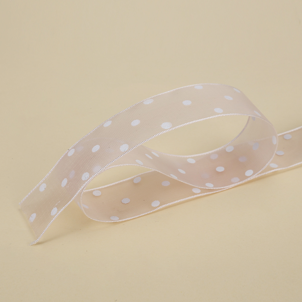 2,5 cm Polka Dot hilo transparente impresión cinta flores floral caja de regalo embalaje con puntos organza fábrica al por mayor