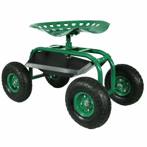 Factory supply movable garden seat cart with 360 degree rotating seat and tool tray